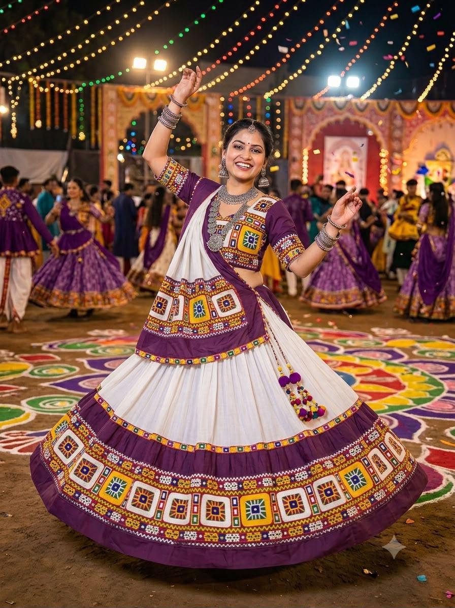 Woman dancing in an ivory lehenga with a violet mirror-work border